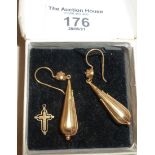 15ct gold Etruscan Revival drop earrings - fully hallmarked, together with a small 9ct gold crucifix