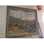 Oil on card titled "Boats at Polvarth" by N. Marlow Thomas