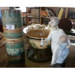 A Mabel Leigh Art Deco cylinder Aztec vase, an "Anglo-Afrik" bowl and a Nao figure group