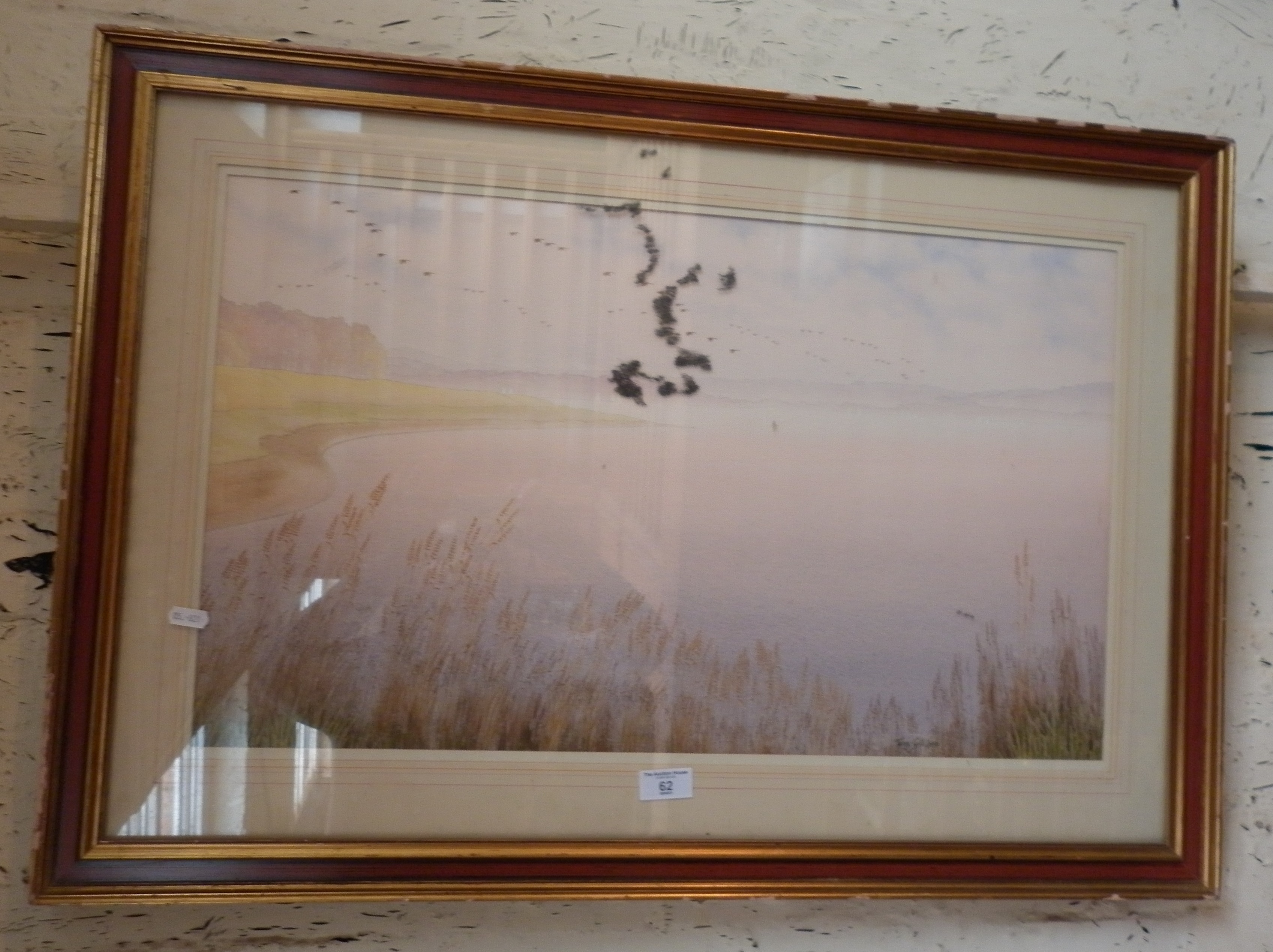 Watercolour of an estuary scene by Tony Gill dated 1991, 23" x 33" (dirt under glass)