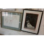 A Richard Grasby limited edition lithograph of a red chalk sketch of a horse, a charcoal study of