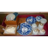 Chinese blue and white small dishes, Sake cups and two boxed similar bowls