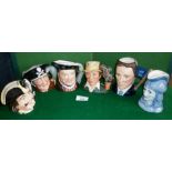 6 various character jugs by Royal Doulton, inc. Britannia, The Gardner, Long John Silver, Henry