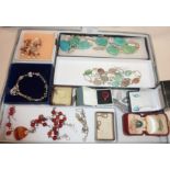 Tray of costume jewellery (some vintage) including Sterling silver ring, faux pearl drop earrings