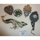 Vintage costume jewellery brooches, including a Butler & Wilson enamelled large peacock, a Sphinx