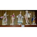 Five various Continental porcelain figures (2 with gold anchor marks, 1 x Dresden) A/F