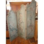 Regency-style Victorian painted three-fold screen with scrolled tops and having chinoiserie scenes