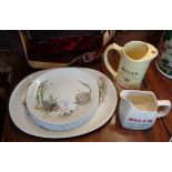 Set of china fish plates with platter and two Breweriana Whisky jugs for Bell's Whisky