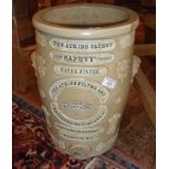 Victorian stoneware water filter inscribed "The Atkins Patent Safety water filter"