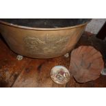 Dutch brass heraldic style wine cooler or footed planter with copper shell marked BETTY, and a pot