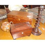 Two 19th century wooden tea caddies, a Victorian double barley twist turned candlestick and a