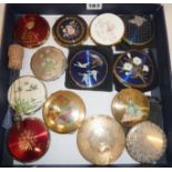 Collection of vintage powder compacts (13) and three hat pins. Makers include Stratton, Kigu and