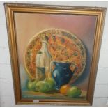 Oil on board of still life with jug and bottle by Roger Stanford together with two framed prints