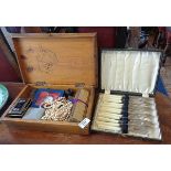 Box of assorted costume jewellery & a cased set of fish knives