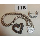Silver padlock bracelet, marcasite heart brooch and a silver crescent paste set brooch