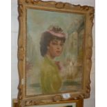 A 1950's oil on canvas portrait of a French girl, signed Cherie, 18" x 14" including frame