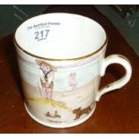 Shelley china tankard decorated with children at seaside with pier and sandcastle titled "