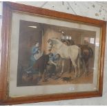 Large maple framed coloured engraving titled "The Country Forge" from the original by J.F. Herring