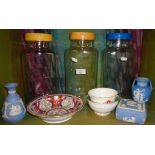 Three glass sweet shop jars, three pieces of Wedgwood Jasperware and other china