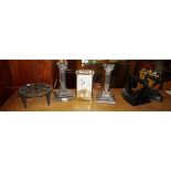 Pair of silver plated candlesticks, flat irons, Schatz carriage clock etc