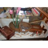 Small trug, Art Nouveau beaten copper plaque (signed) and other items