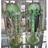 Tall pair of Victorian opaque green glass lustres candlesticks