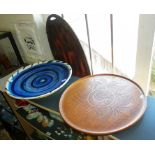 Large Studio pottery charger by Andrew Lloyd, two wooden trays and a contemporary white glazed