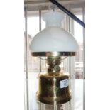 Vintage Danish brass oil lamp by E.S. Sorensen of Copenhagen, with white glass shade (crack to