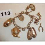 9ct gold charm bracelet, with several gold charms, (most hallmarked) inc. teapot, owl, chair with