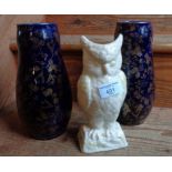 Belleek owl and two Devonware vases