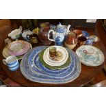 Assorted pottery jugs, platters etc., inc. lustre ware and blue and white transfer and T.G. Green