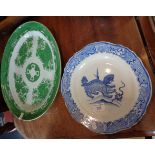 Chinese oval green and white dish (36cm x 28cm) and a blue and white Foo dog plate (restored)