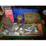 Assorted cutlery and old advertising tins, inc. Mazawattee tea tin