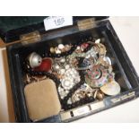 Antique jewellery box containing Victorian buttons, jewellery, etc.