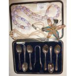 Charles Boynton & Sons cased silver teaspoon and tongs set hallmarked for Sheffield 1917, an