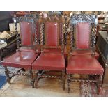 Set of six late Victorian oak dining chairs with barley-twist uprights and stretchers, upholstered