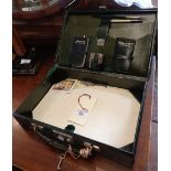Old green leather writing case with fitted interior including travelling inkwell, notebooks &