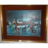 1960's abstract impressionistic oil of a town bridge, signed with original hessian and gilt frame