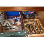 Large quantity of assorted cutlery in two trays, some cased