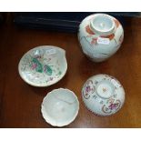Chinese Famille Rose porcelain tea bowl with figures decoration (A/F), Chinese jar with red marks, a