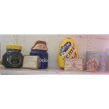 Three cookie jars, Harrods Ltd safety pins in card case and others