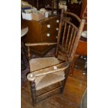 Country farmhouse stickback ash and elm kitchen armchair with rush seat