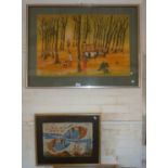 Large colour print on fabric of a stylised Malayan rubber plantation with figures, together with a