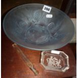 Lalique-type frosted glass bowl, glass pin tray and scent bottle
