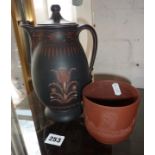 Early 19th c Attic ware basalt vase and a similar coffee pot with painted decoration