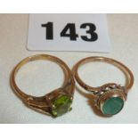 Two 9ct gold rings set with green gemstones, approx 4g and UK size L-M