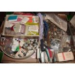 Quantity of vintage sewing and embroidery accessories including threads, two tins of old buttons