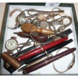 Tray of assorted, inc. fountain pens, inc. Summit, a charm bangle with attached silver bell and