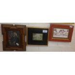 Four various small coloured engravings, one in a moulded walnut frame