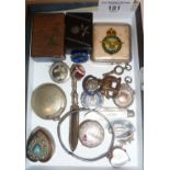 WW2 RAF Stratton compact, Victorian heart shaped locket, patch box, pill boxes, badges, silver fob